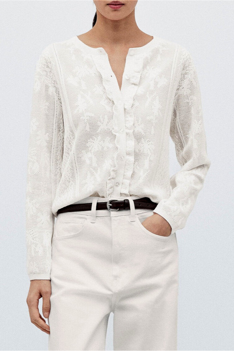 Soft-Style Stand-Collar Lace Cutout Cardigan for Elegant Wear