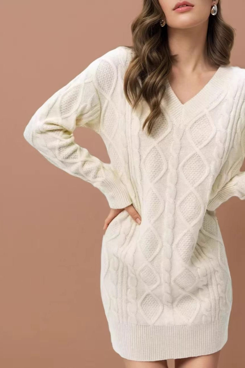 PrincessAce V-Neck Cable-Knit Sweater Mini Dress in Solid Color