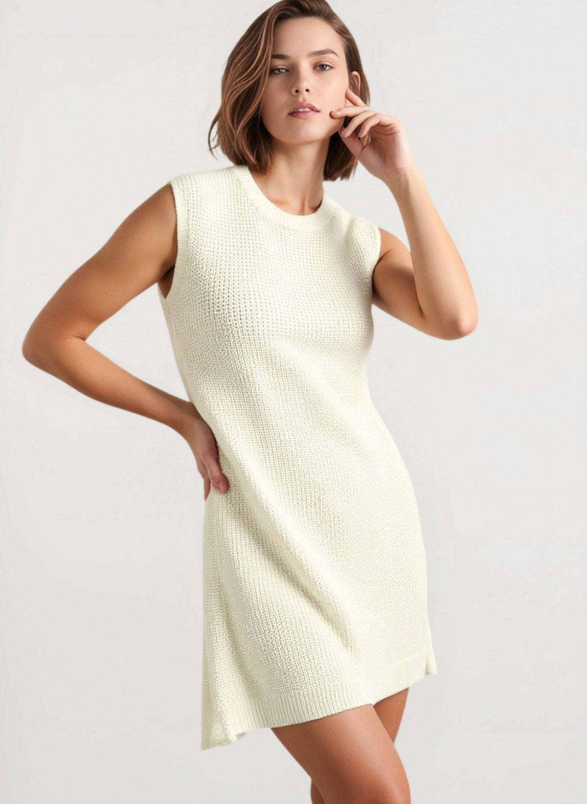 Ribbed Knit Crew Neck Sleeveless Sweater Mini Dress