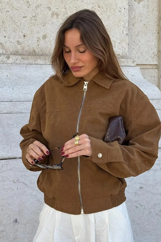 Suede Zip Up Bomber Jacket