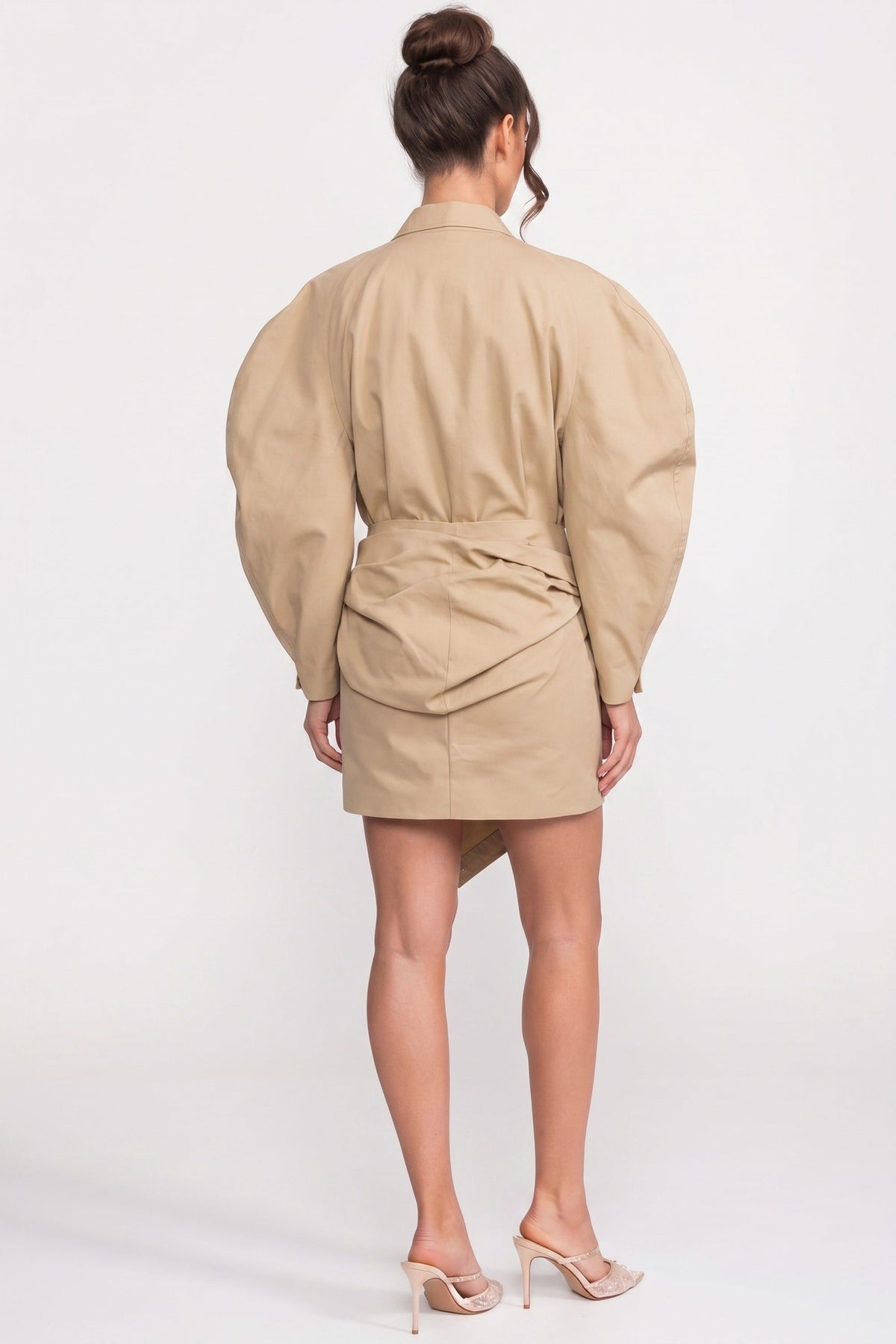 Button Front Puff Sleeve Belted Wrap Tie Asymmetric Hem Mini Dress - View 6