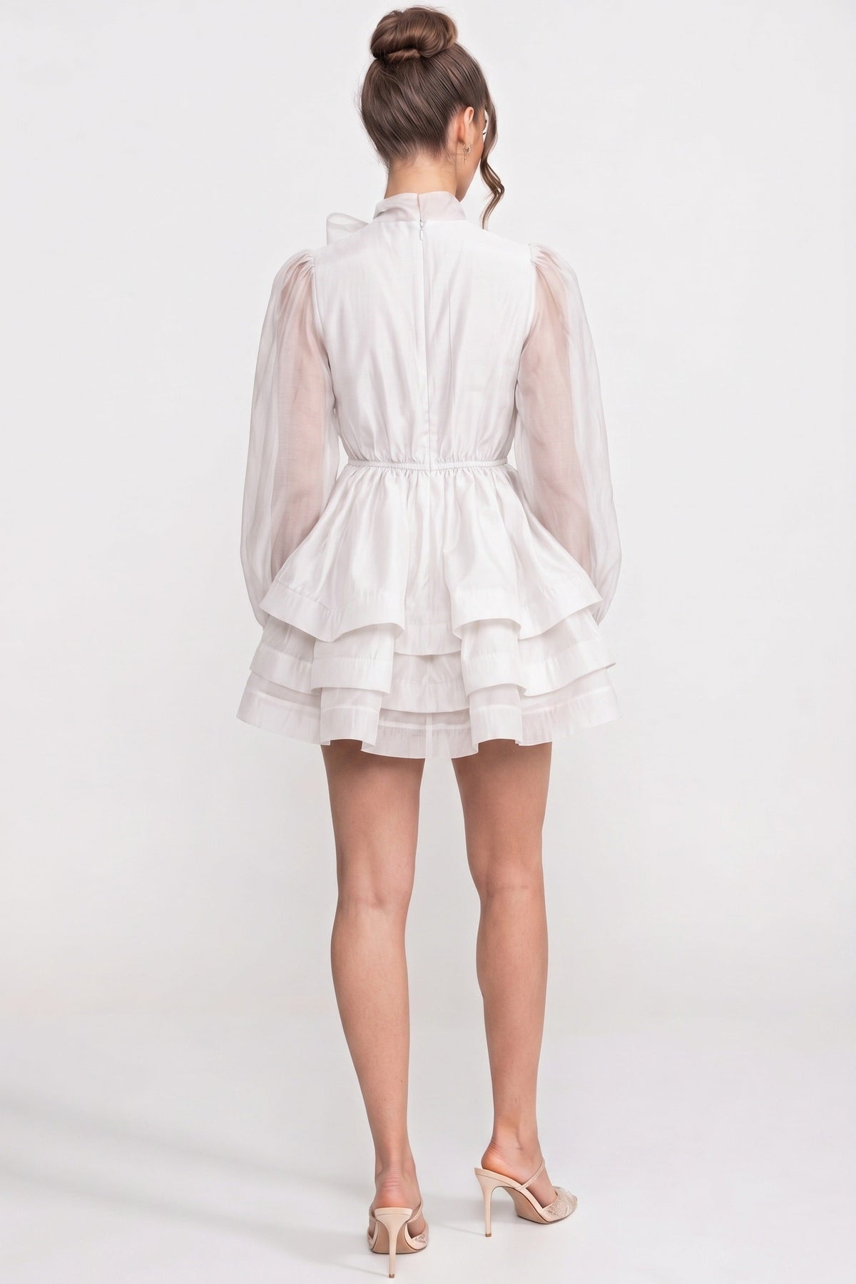 High-Neck Puff-Sleeve Mini Dress - White - View 5