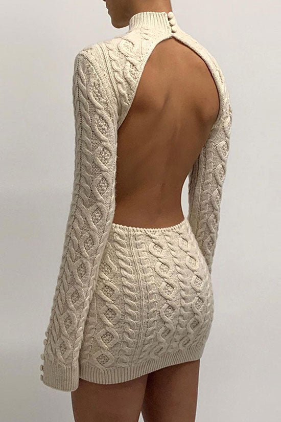 Backless High Neck Cable Knit Winter Sweater Mini Dress - Cream  Fashionpara