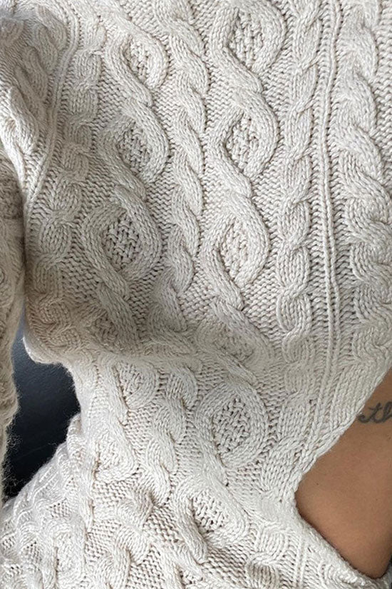 Backless High Neck Cable Knit Winter Sweater Mini Dress - Cream  Fashionpara