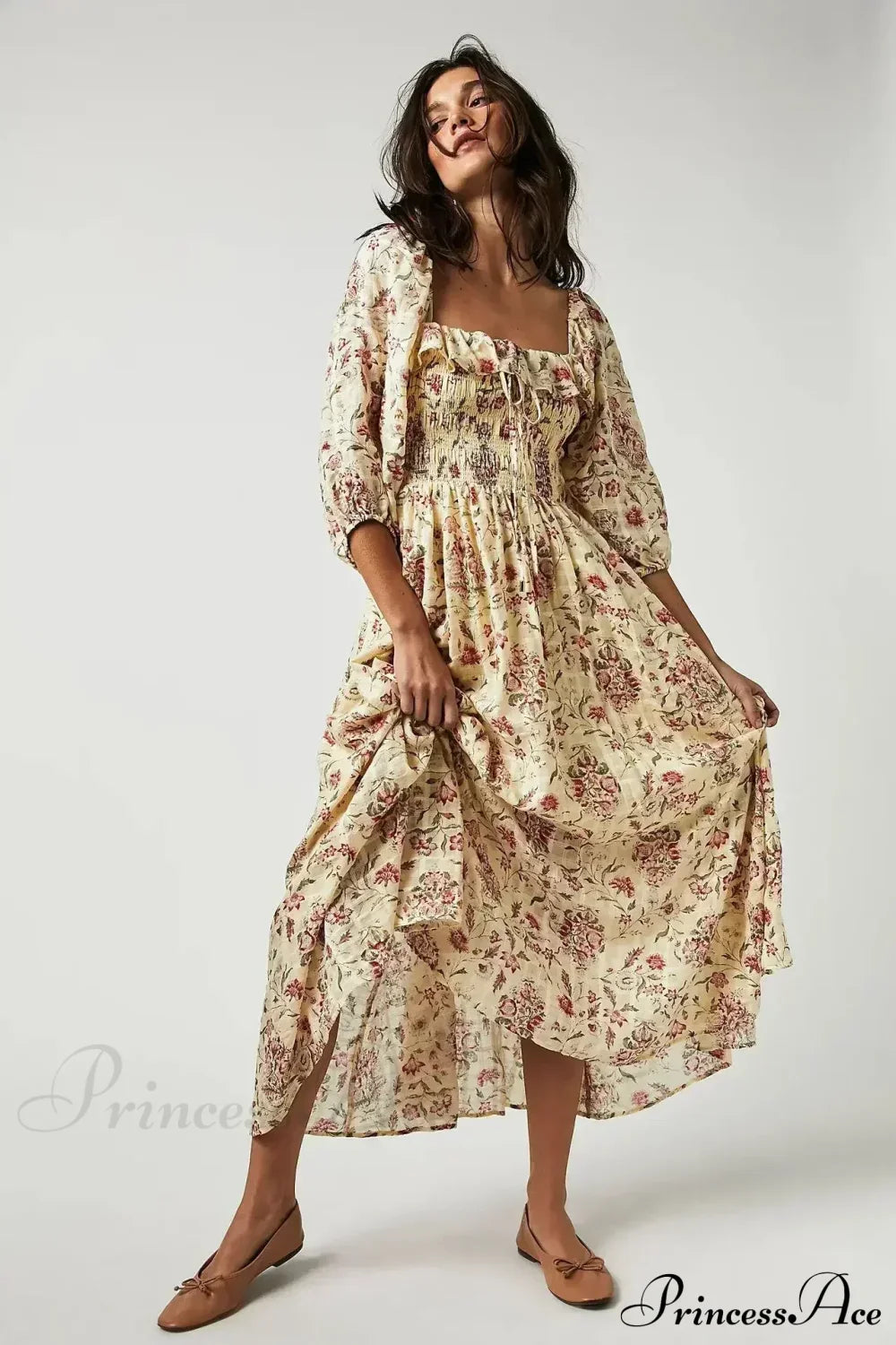 Backless Ruffled Hem Printing Midi Boho Dress