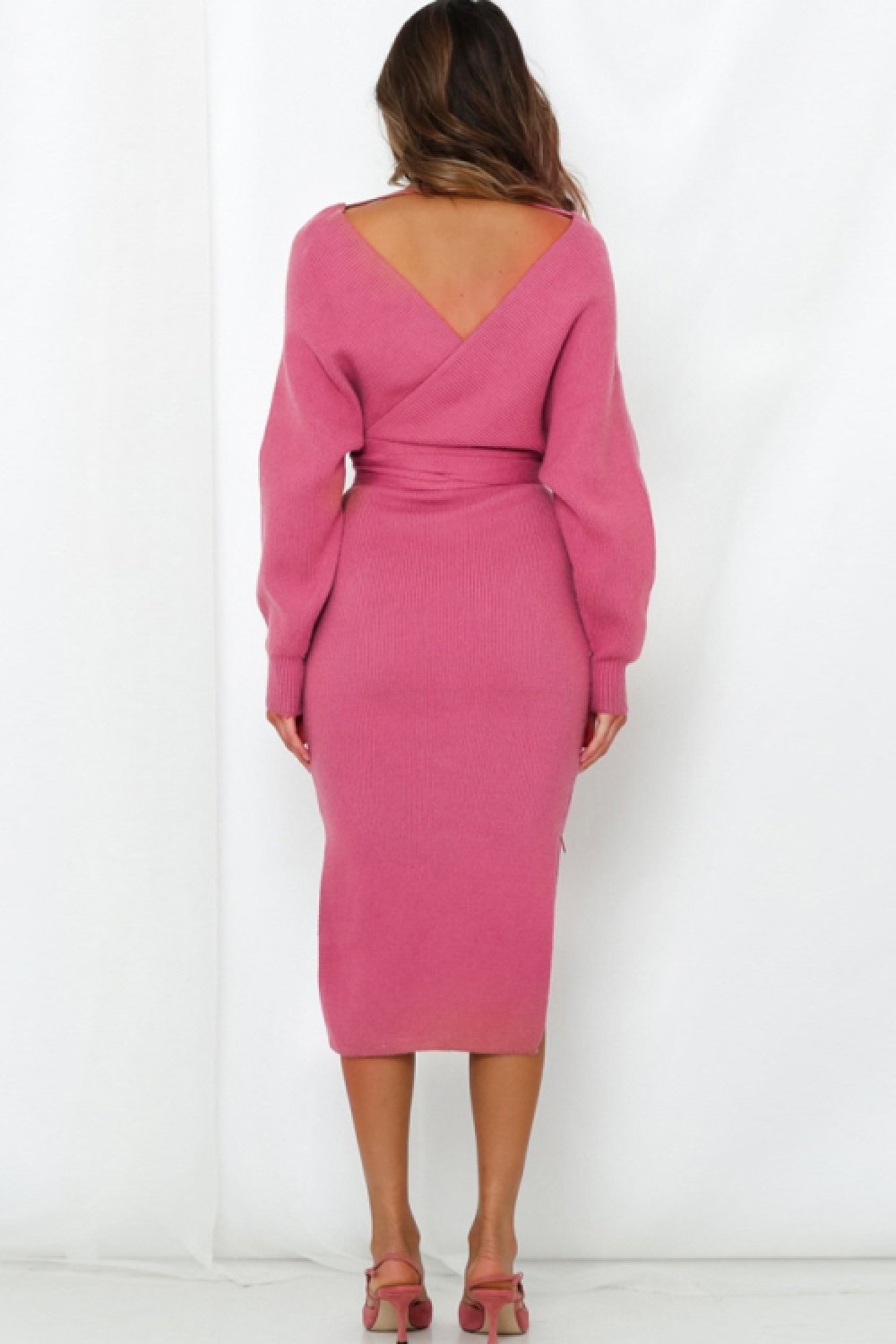 Backless Tie Up Knit Slim Dress - Fashionpara