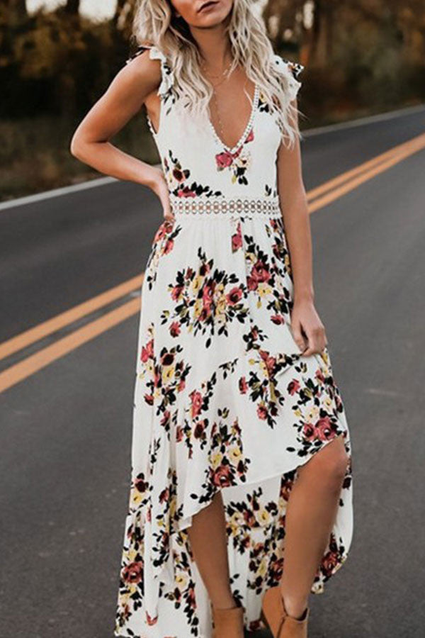Backless Floral Print High Low Dress - Mislish