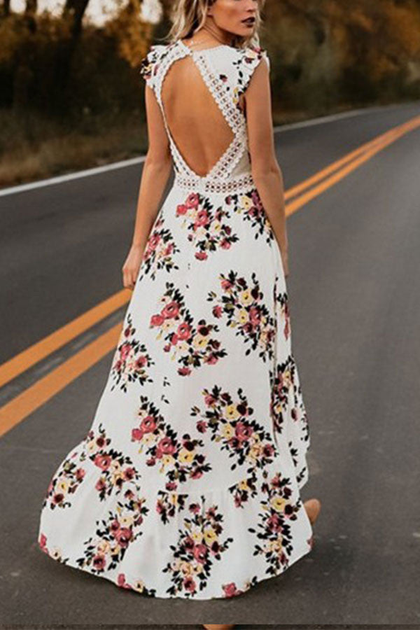 Backless Floral Print High Low Dress
