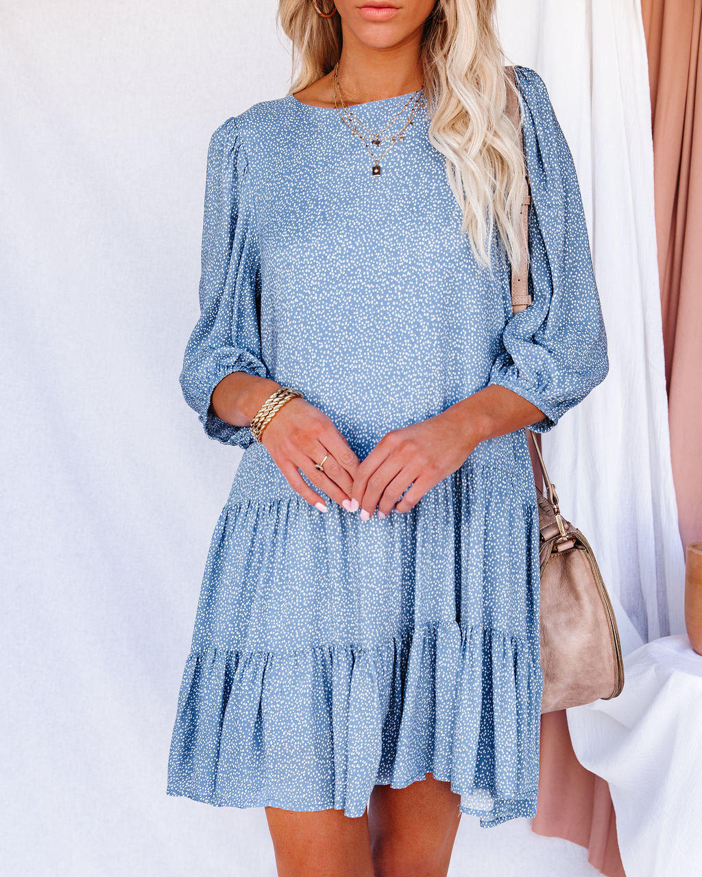 Ditsy Print Round Neck Puff Sleeve Tiered Mini Dress