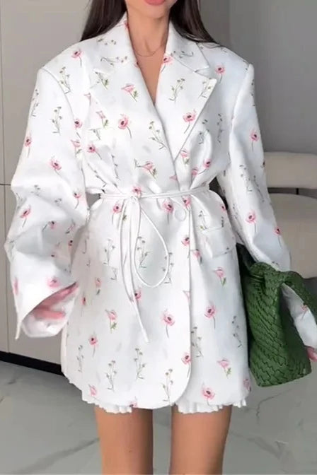 Printed Belted Loose Fit Blazer