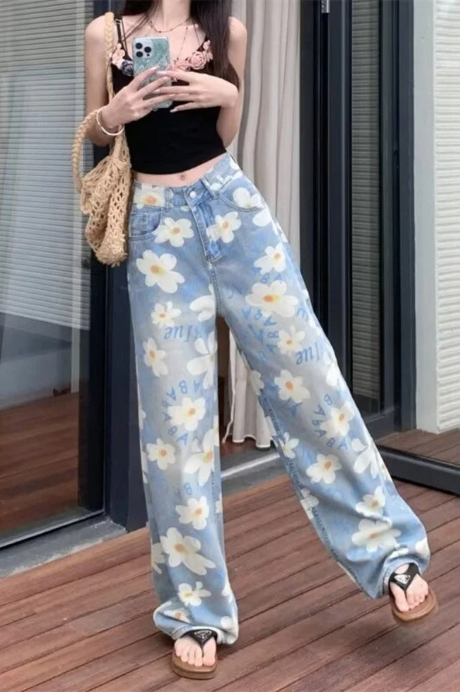 Floral Print Baggy Denim Jeans