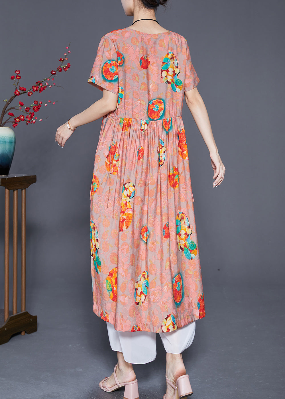 Abstract Print Round Neck Short Sleeve Empire Waist Midi Dress - View 3