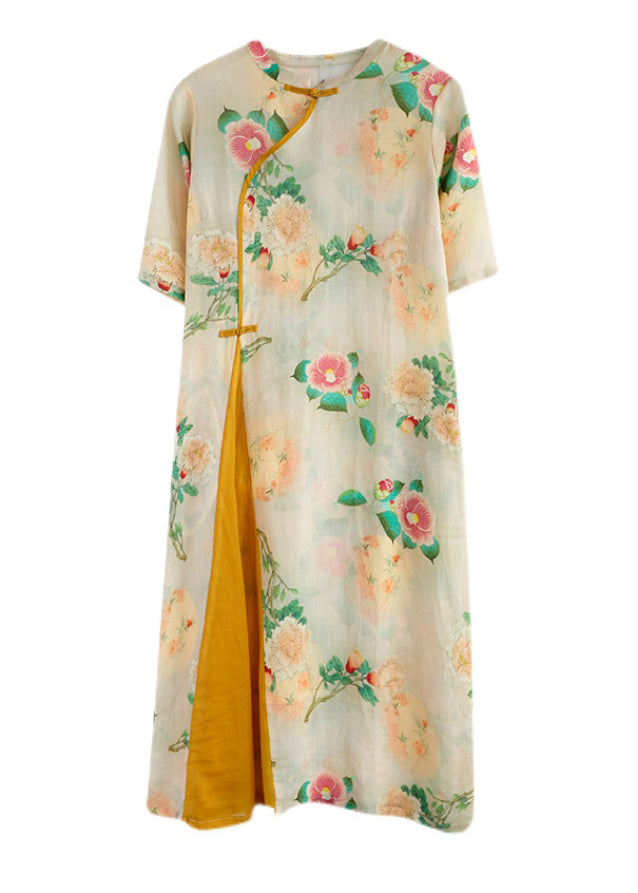 Floral Print Mandarin Collar Frog Closure Asymmetric Midi Dress - View 5