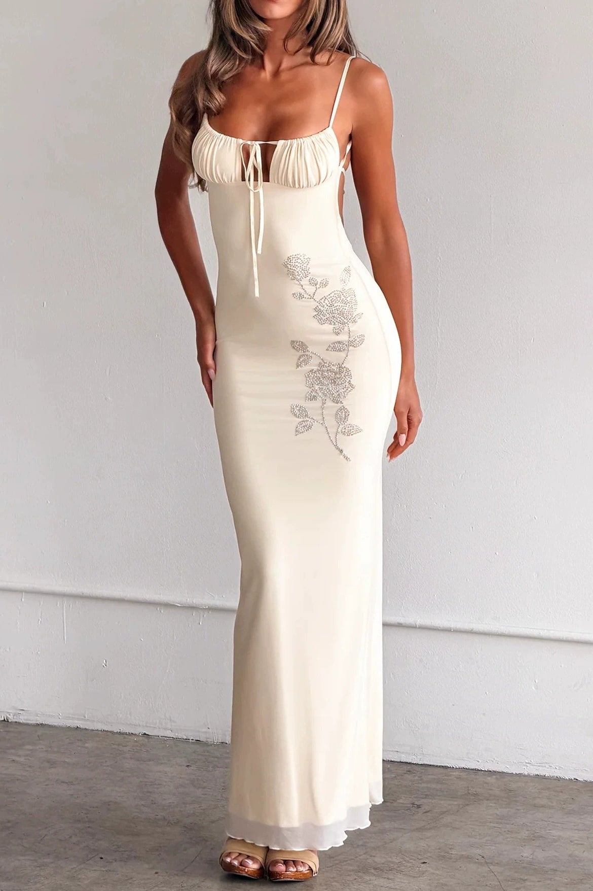 Rhinestone Rose Spaghetti Strap Tie Front Bias Maxi Dress
