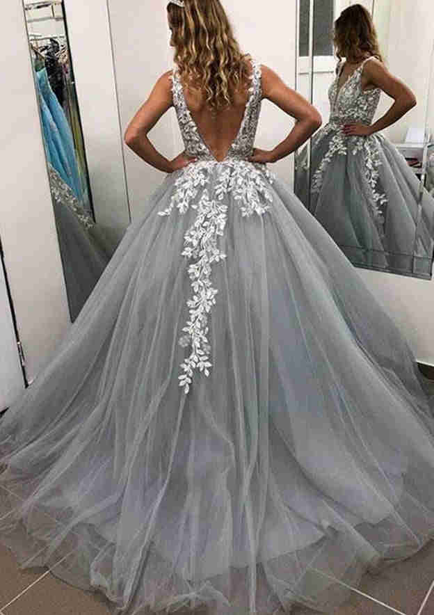 Ball Gown Sleeveless Long/Floor-Length Tulle Prom Dress/Evening Dress with Laced Appliqued Beading - Fashionpara