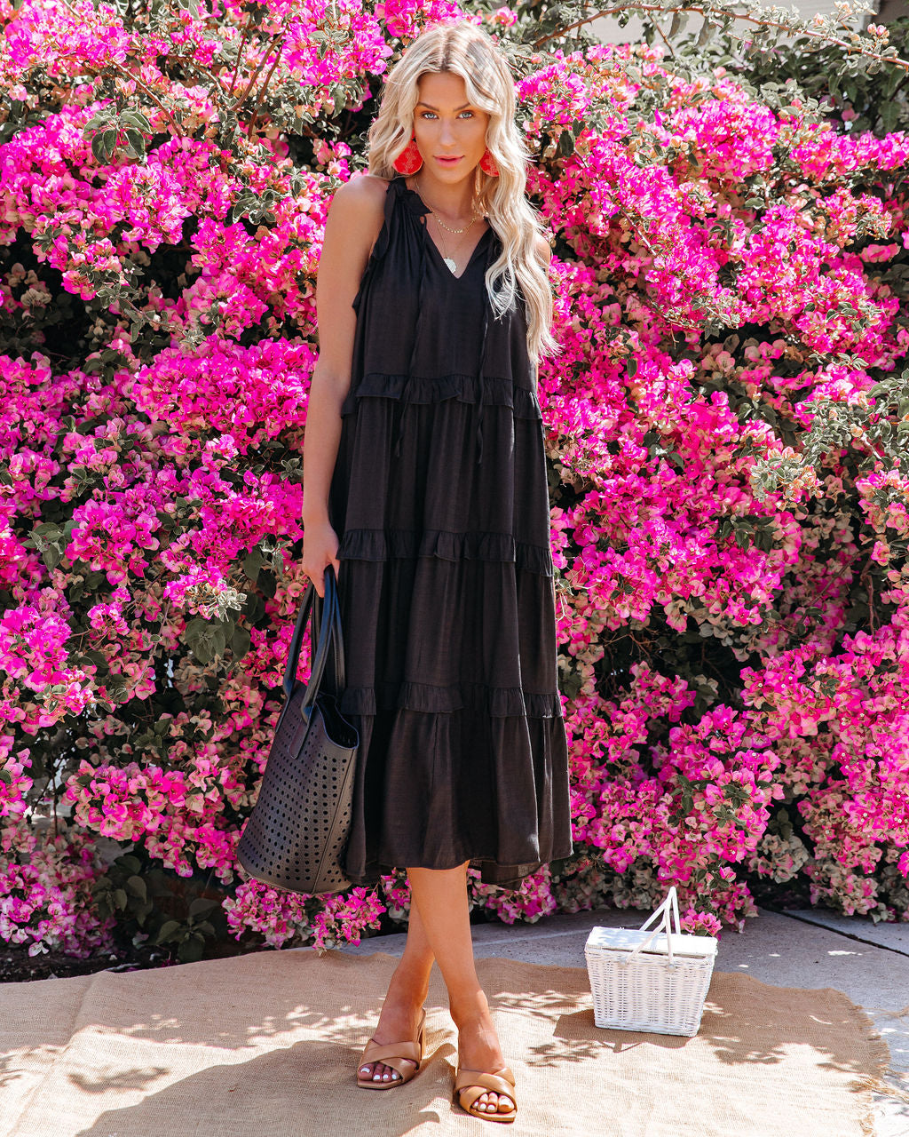 Tie Shoulder Sleeveless Tiered Ruffle Midi Dress