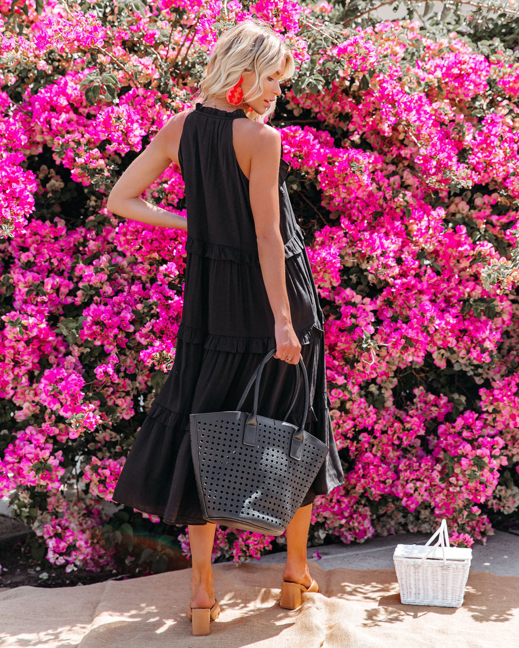 Tie Shoulder Sleeveless Tiered Ruffle Midi Dress