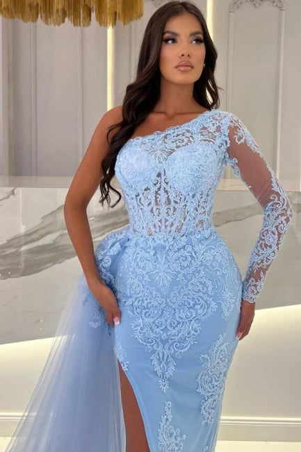 Ballbella Column Long Slit Front Sky Blue Tulle One Shoulder Long Sleeve Evening Dress with Lace