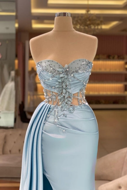 Ballbella Column Slit Front Long Sweetheart Strapless Sleeveless Sky Blue Ruffle Stain Evening Dress with Beadings