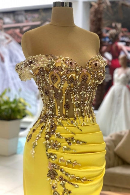Ballbella Column Yellow Sleeveless Off-The-Shoulder Stain Long Sweetheart Evening Dress with Beadings