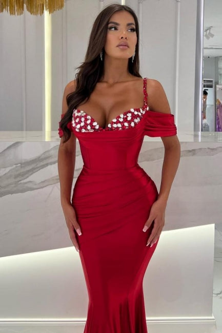Ballbella Mermaid Red Spaghetti Straps Sweetheart Off-The-Shoulder Long Stain Evening Dress with Ruffles