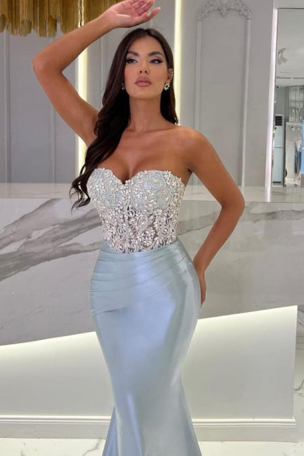 Ballbella Mermaid Sky Blue Stain Sleeveless Sweetheart Long Prom Dress with Beadings