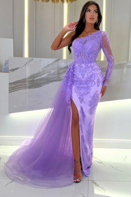 Ballbella One Shoulder Column Long Sleeve Slit Front Tulle Long Evening Dress with Lace