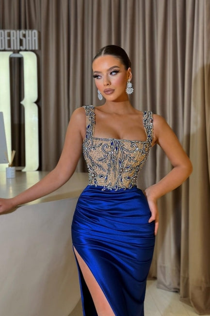 Ballbella Sheath Royal Blue Straps Slit Front Square Sleeveless Jewelry Ruffles Long Stain Evening Dress with Beadings