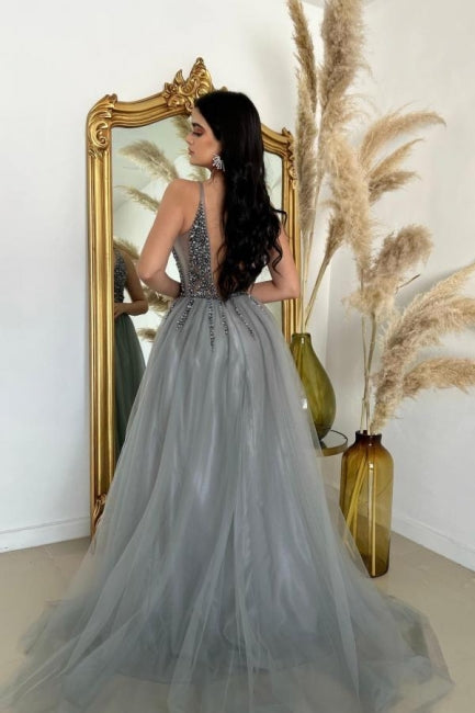 Ballbella Slit Front V-Neck Spaghetti Straps Long Tulle Sleeveless Prom Dress with Beadings