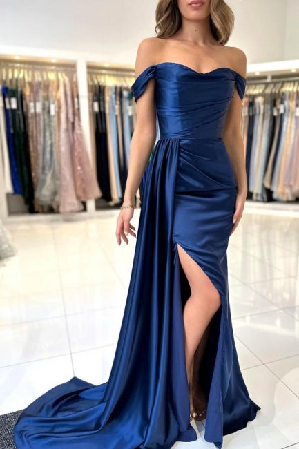 Ballbella Stain Royal Blue Sweetheart Slit Front Off-the-Shoulder Strapless Evening Dress with Ruffles