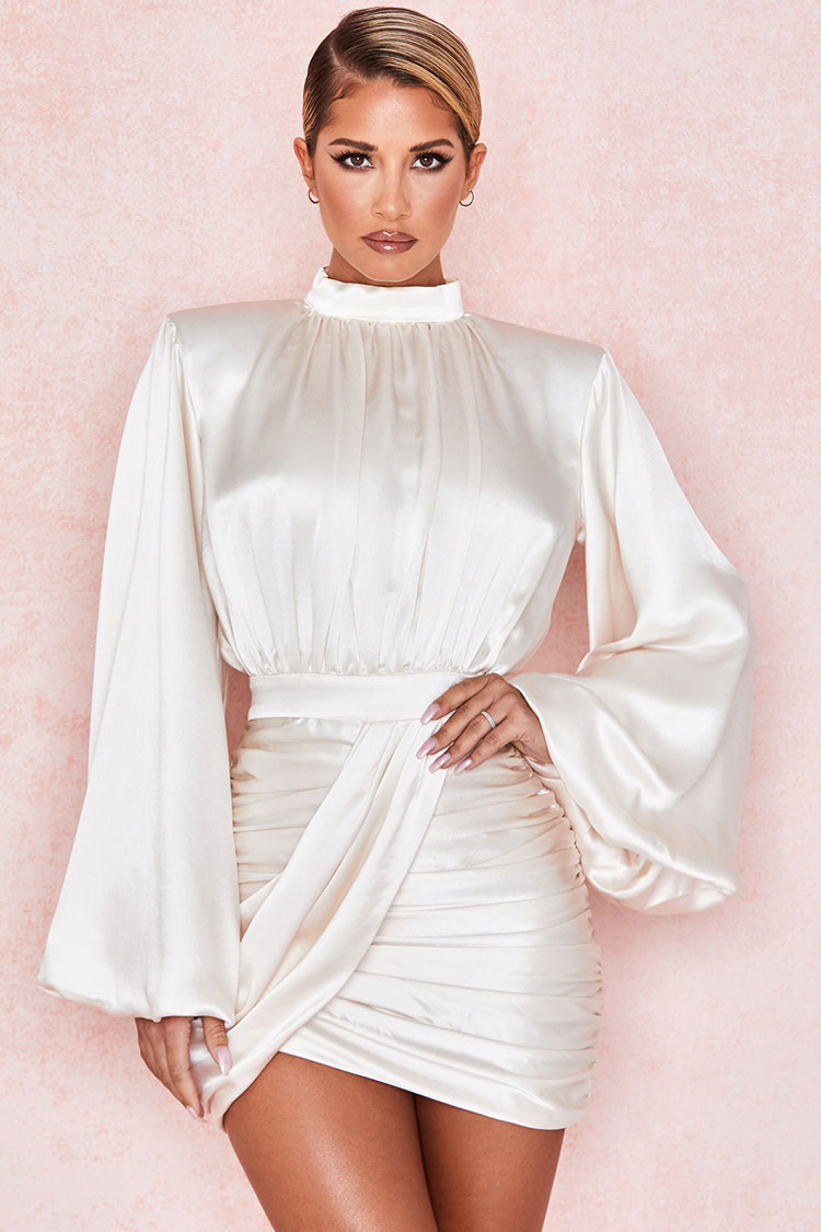 Balloon Sleeve Mock Neck Ruched Bodycon Satin Mini Party Dress - White - Fashionpara