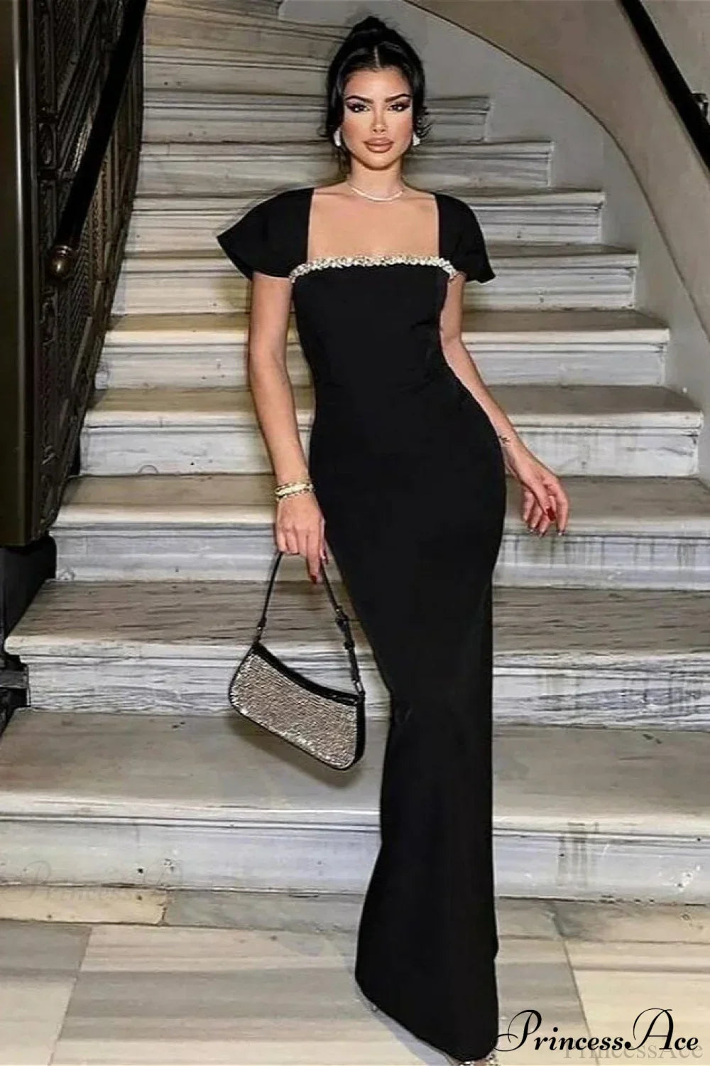 Embellished Square Neck Cap Sleeve Mermaid Gown