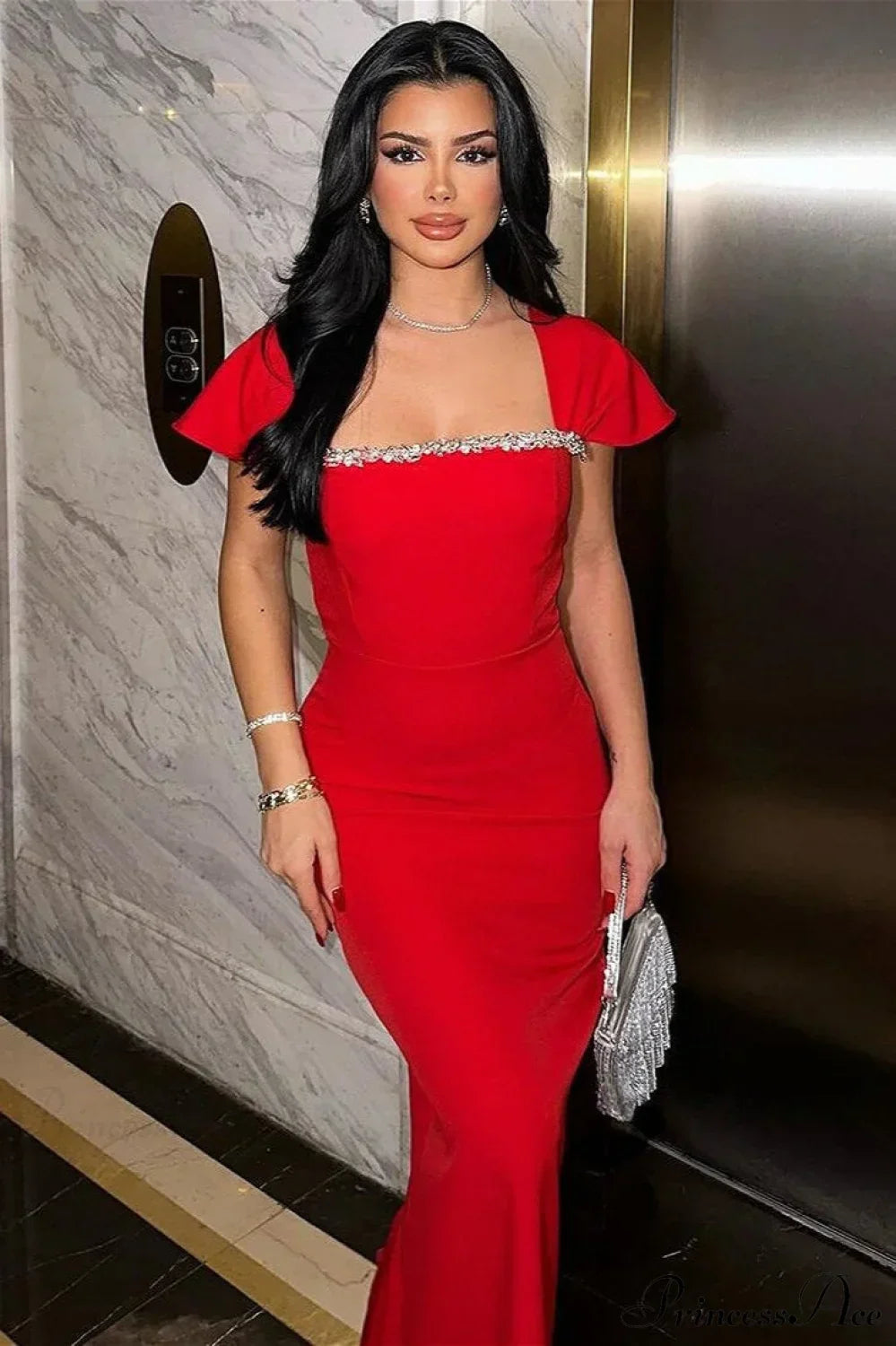 Embellished Square Neck Cap Sleeve Mermaid Gown