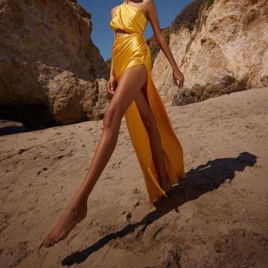 KittenAlarm - Barbara Asymmetrical Neck Side Slit Satin Maxi Dress