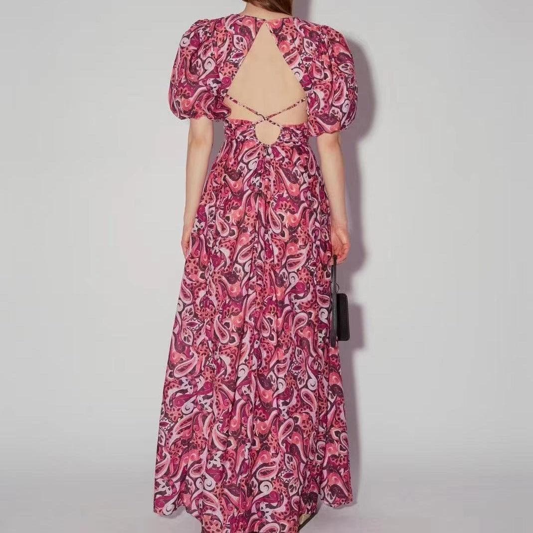 Paisley Print Puff Sleeve Cutout Waist Maxi Dress