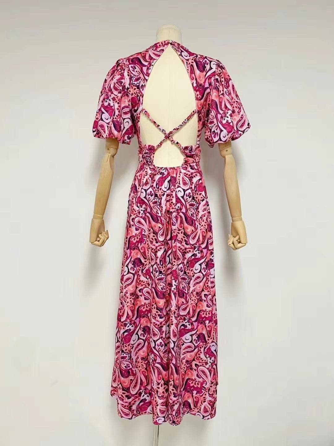 Paisley Print Puff Sleeve Cutout Waist Maxi Dress