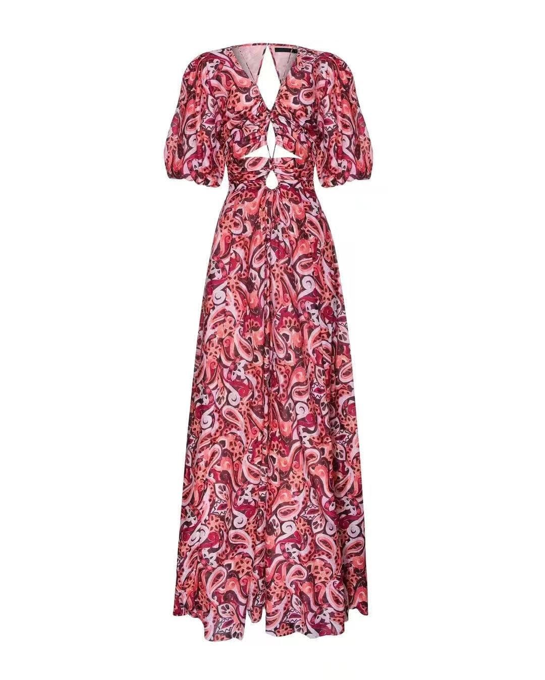 Paisley Print Puff Sleeve Cutout Waist Maxi Dress
