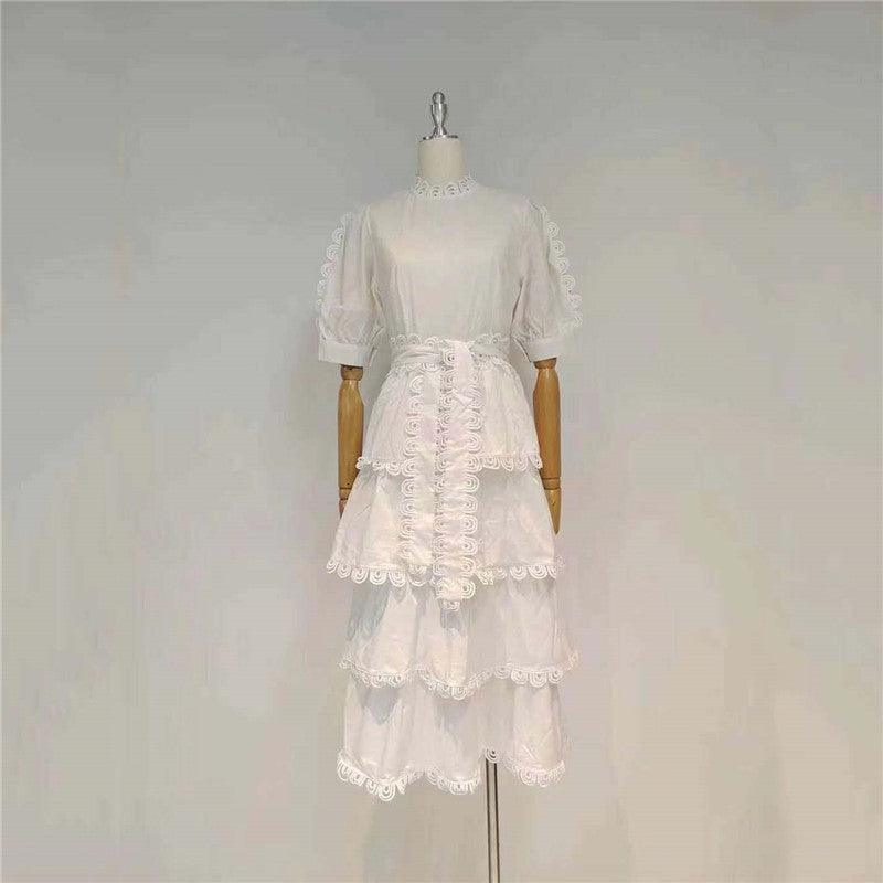 Crochet Trim Puff Sleeve Tiered Midi Dress
