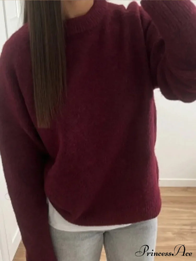 Basic Round Neck Casual Knitted Long Sleeved Loose Christmas Sweater