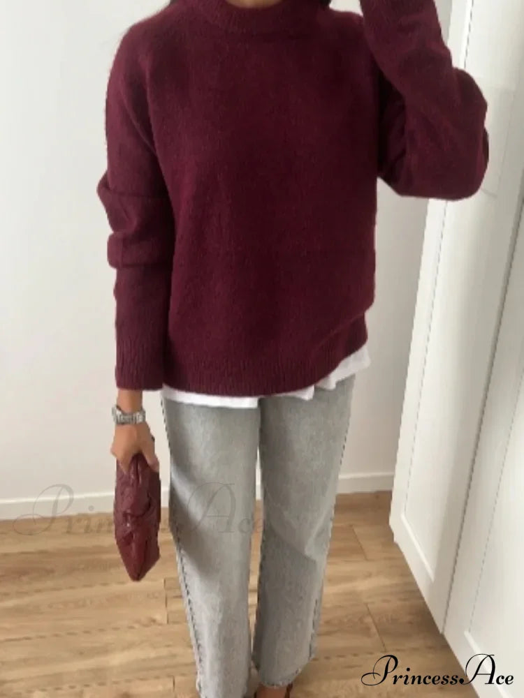 Basic Round Neck Casual Knitted Long Sleeved Loose Christmas Sweater