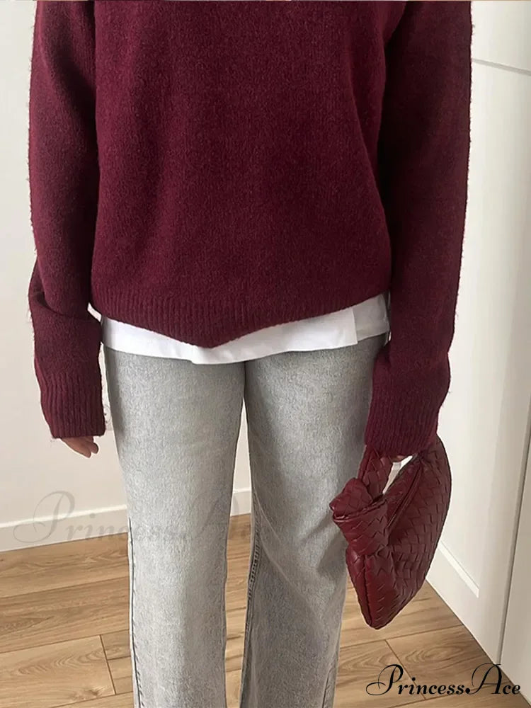 Basic Round Neck Casual Knitted Long Sleeved Loose Christmas Sweater