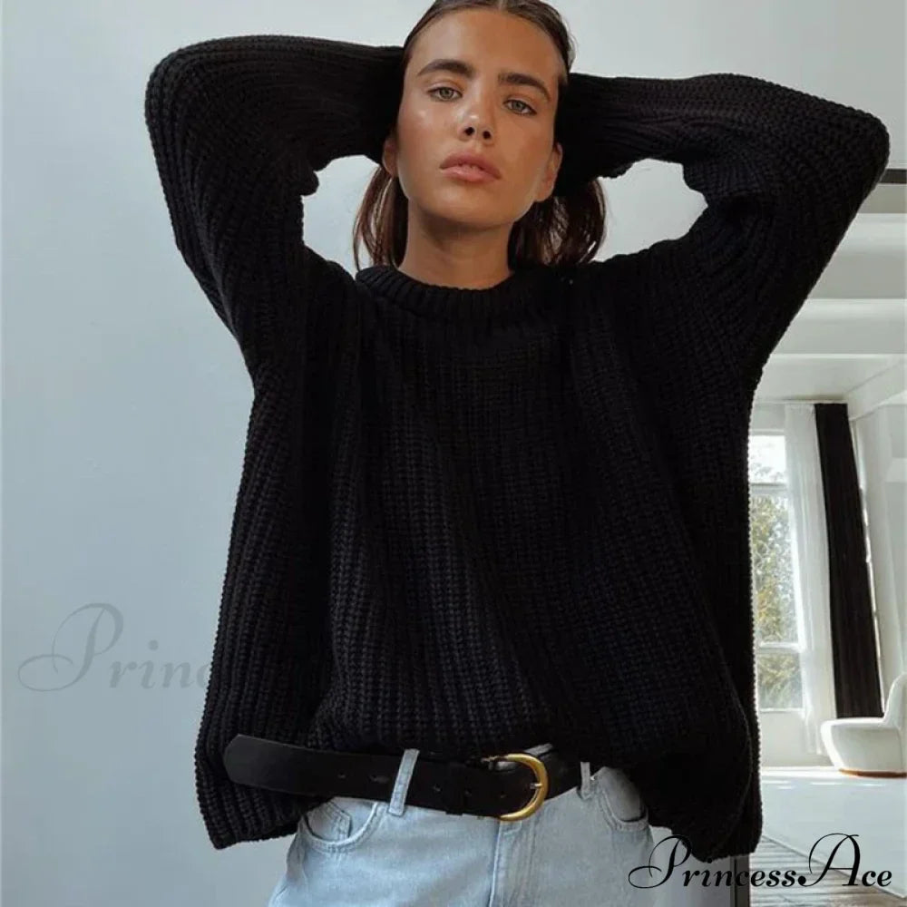 Basic Warm Vintage Green Thick Oversized Knitted Loose White Christmas Sweater Black / One Size