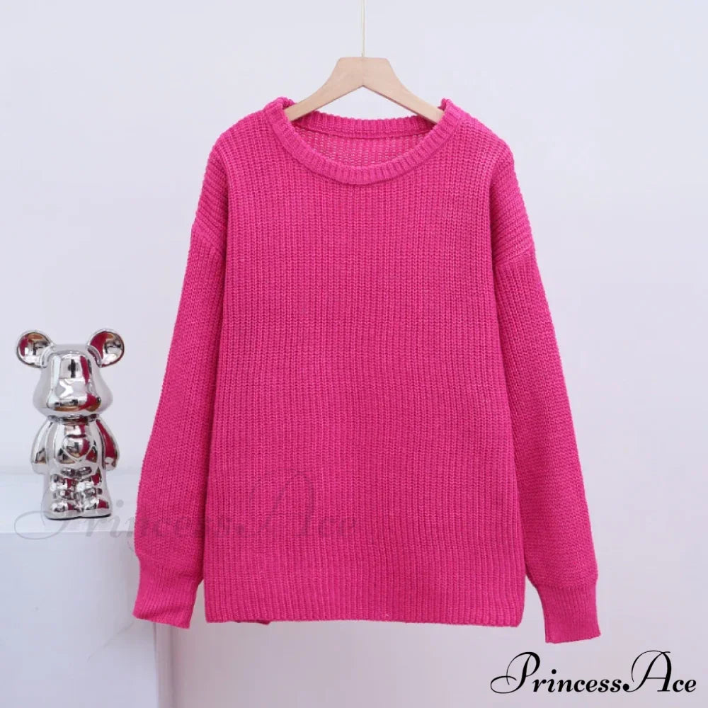 Basic Warm Vintage Green Thick Oversized Knitted Loose White Christmas Sweater Rose Red / One Size