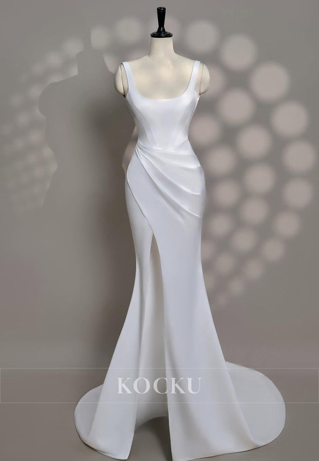 Square Neck Satin Mermaid Wedding Dress with Draped Detail and Slit