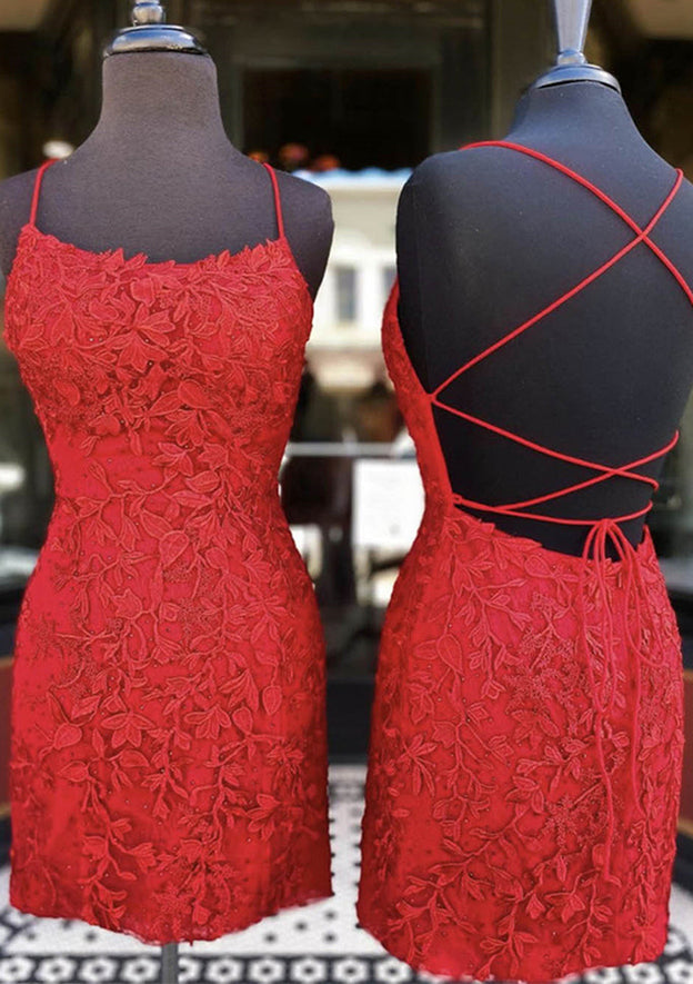 Bateau Sleeveless Lace Short Homecoming Dress With Beading and Column - Fashionpara