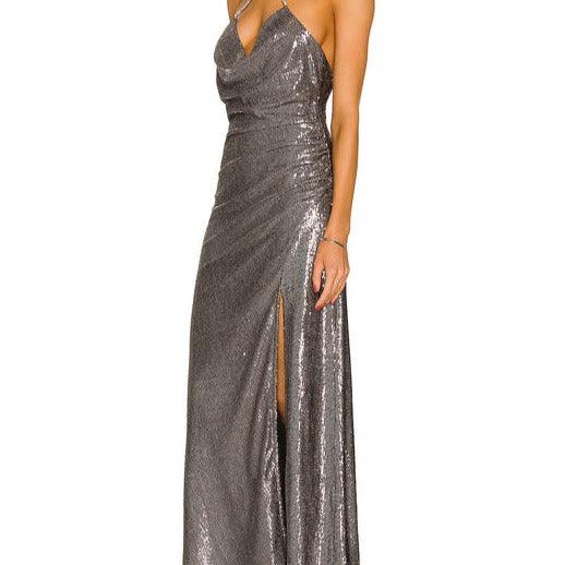 Sequin Halter Neck Ruched High Slit Maxi Gown 3
