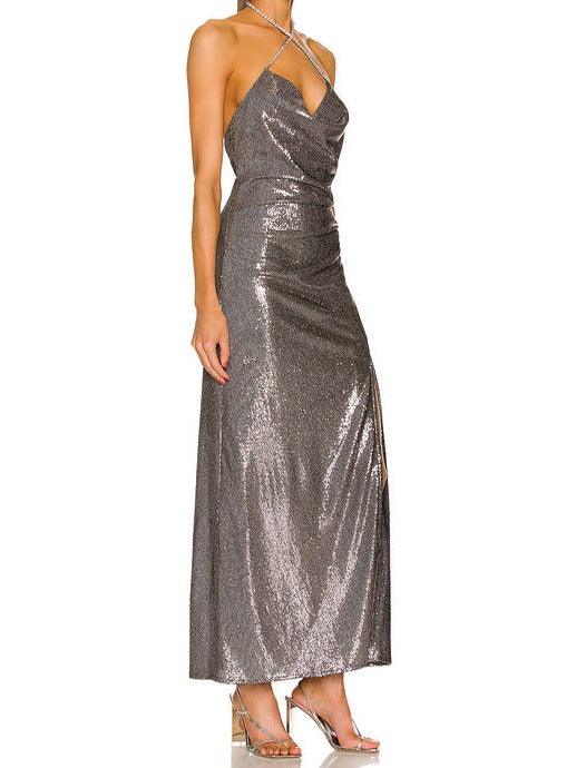 Sequin Halter Neck Ruched High Slit Maxi Gown 4