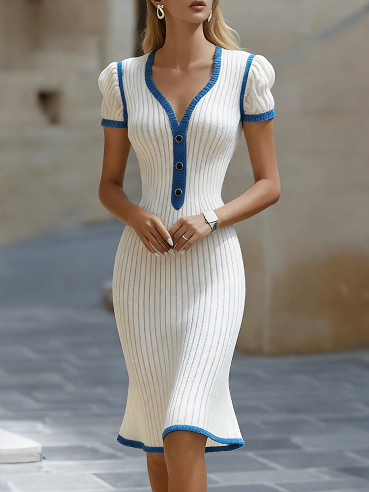 Ribbed Knit V-Neck Puff Sleeve Contrast Trim Midi Dress