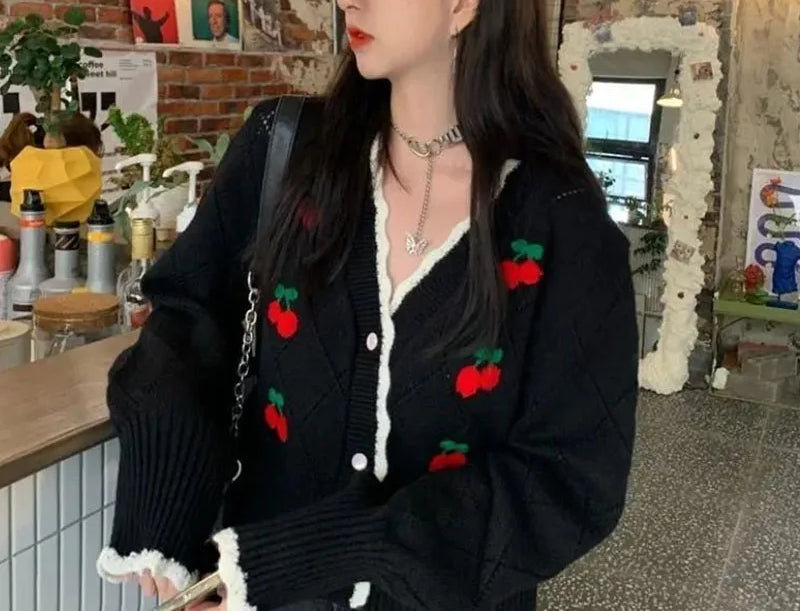 Sweet Cherry Button-Up Patchwork Knit Cardigan