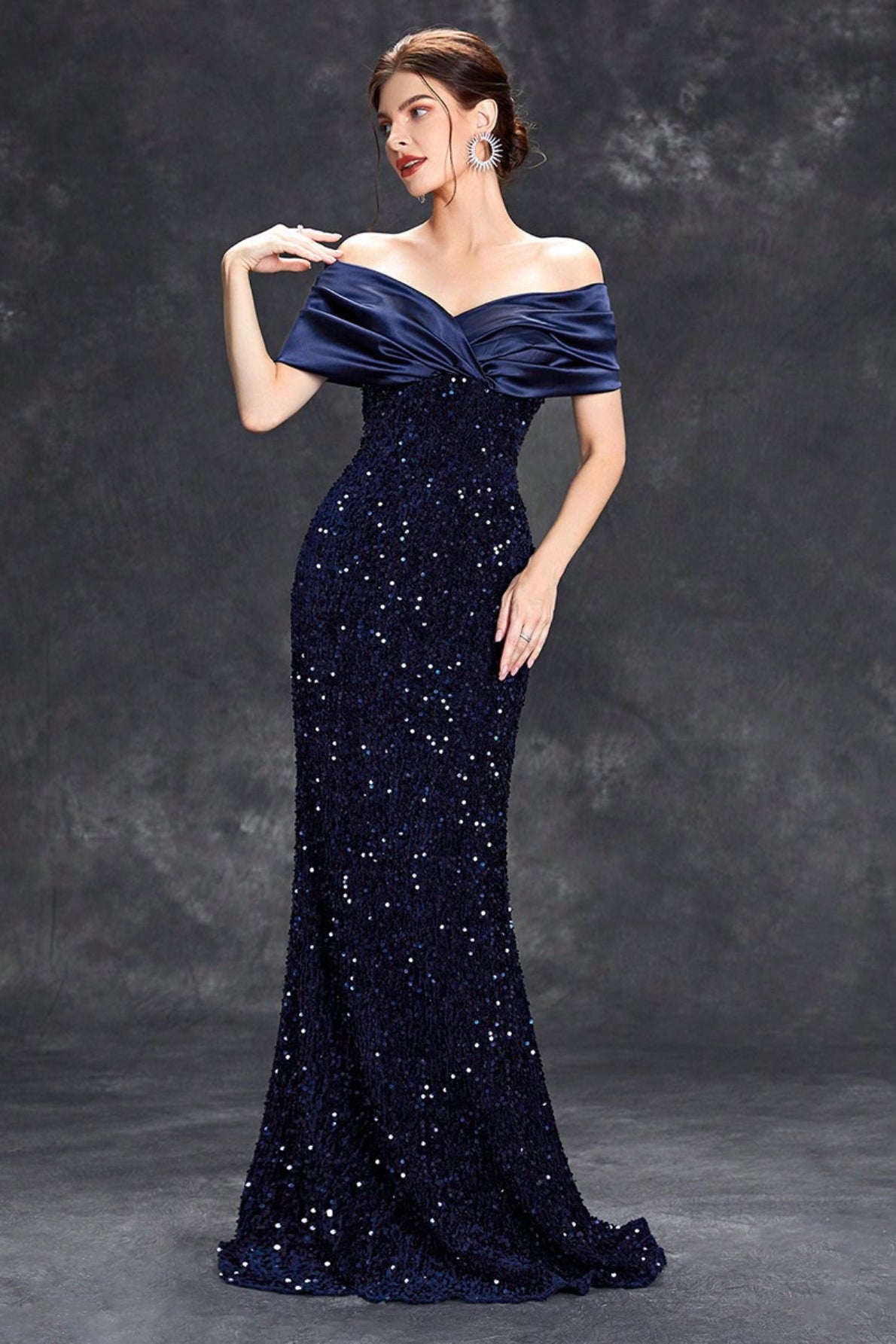 Off Shoulder Satin Wrap Sequin Mermaid Evening Gown